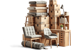 A stack of cardboard boxes, folded blankets, a small wooden cabinet, and two upholstered chairs arranged in a cluttered manner. A desk with books, a plant, and a lamp complete the scene, creating a moving or storage setting. Rolled-up rugs are visible in front of the chairs.