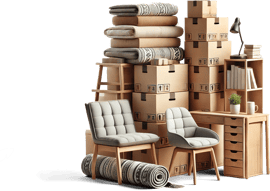 A stack of cardboard boxes, folded blankets, a small wooden cabinet, and two upholstered chairs arranged in a cluttered manner. A desk with books, a plant, and a lamp complete the scene, creating a moving or storage setting. Rolled-up rugs are visible in front of the chairs.