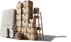 A collection of packed items ready for moving, including a stack of cardboard boxes, a mattress leaning against the boxes, two suitcases with wheels, a wooden ladder with some boxes placed on its steps, and several packages wrapped in fabric.