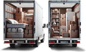 Two open moving trucks filled with various household items. The truck on the left contains mattresses, pillows, and several cardboard boxes. The truck on the right is filled with furniture including a chair, a desk, a lamp, a refrigerator, and more boxes. The arrangement suggests a household move.