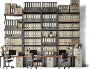 A large shelving unit filled with neatly organized binders in various colors and sizes. Below the shelves are three separate workstations, each with a desk, office chair, computer, and desk lamp. There are also potted plants and filing cabinets at each desk.