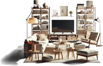 A modern living room interior with a beige color palette. It features a cozy sofa, a cushioned armchair, and a round wooden coffee table on a large rug. Two floor lamps are positioned for ambient lighting. A flat-screen TV is centered on a wooden media console. Shelving units filled with books and decorative items flank the TV, providing a stylish and organized look.