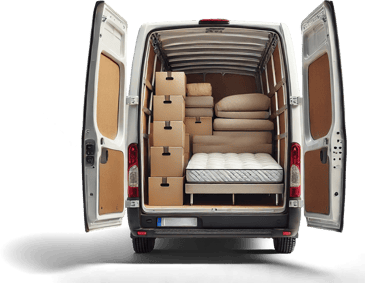 A van with its rear doors open, revealing an organized interior filled with stacked cardboard boxes, a mattress, sofa cushions, and small furniture pieces.