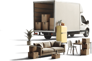 A moving truck with its back door open, partially loaded with cardboard boxes. In front of the truck, there are various household items including a beige sofa, a yellow refrigerator, a potted plant, a small table with a chair, and additional stacked boxes.
