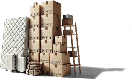 A collection of packed items ready for moving, including a stack of cardboard boxes, a mattress leaning against the boxes, two suitcases with wheels, a wooden ladder with some boxes placed on its steps, and several packages wrapped in fabric.