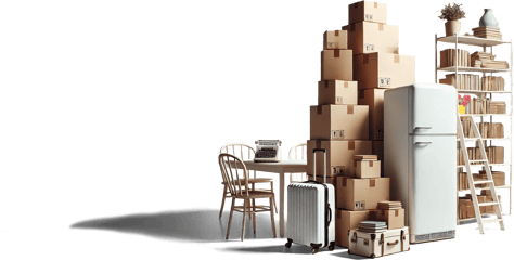 A collection of various household items including stacked cardboard boxes, a vintage refrigerator, a dining table with chairs, a typewriter, a suitcase, a bookshelf filled with books, and some decorative items like a potted plant.