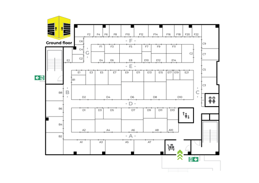 A floor plan for the ground floor. It shows a layout with labeled rooms and corridors organised in sections marked with letters and numbers, such as A1, B2, E3, etc. There are staircases and multiple emergency exit signs indicated with arrows pointing towards exit routes. The plan includes a yellow and black icon at the top left corner.